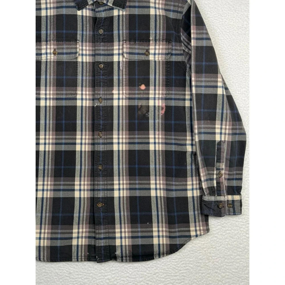 Carhartt Flannel Button Up Plaid Shirt - Men's L - Faded Distressed- Black Brown
